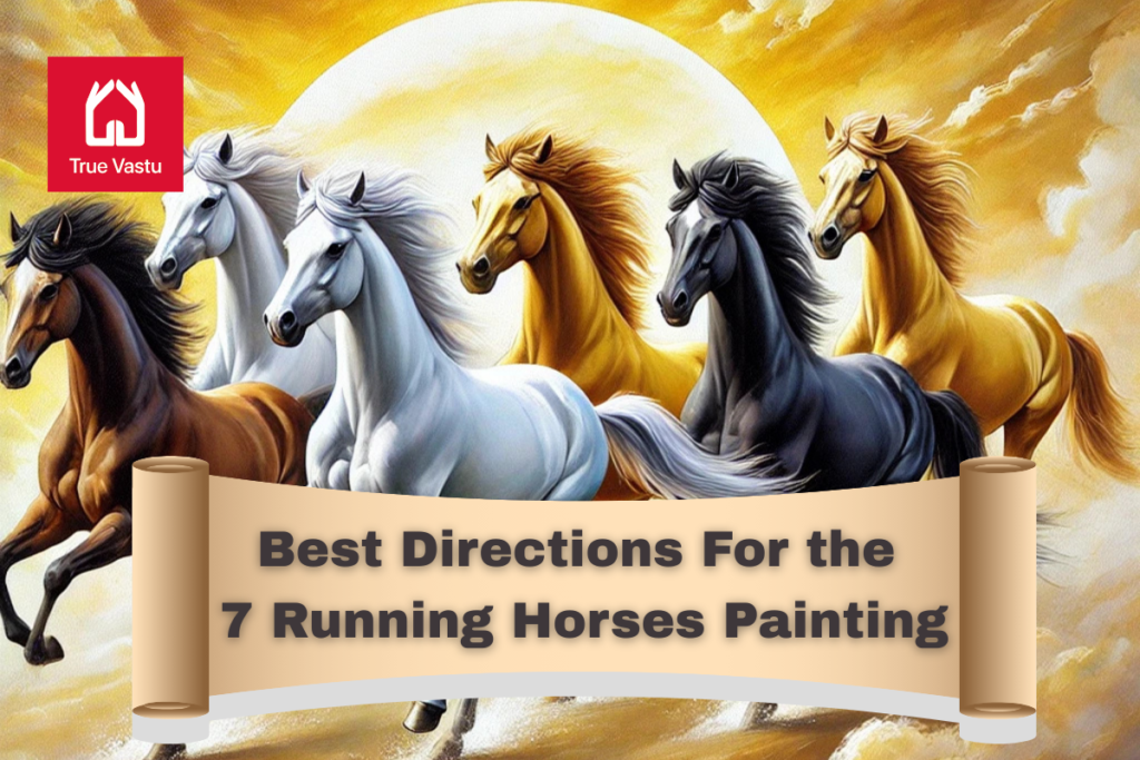 A Vastu-inspired painting of seven running horses in white, brown, black, and golden colors