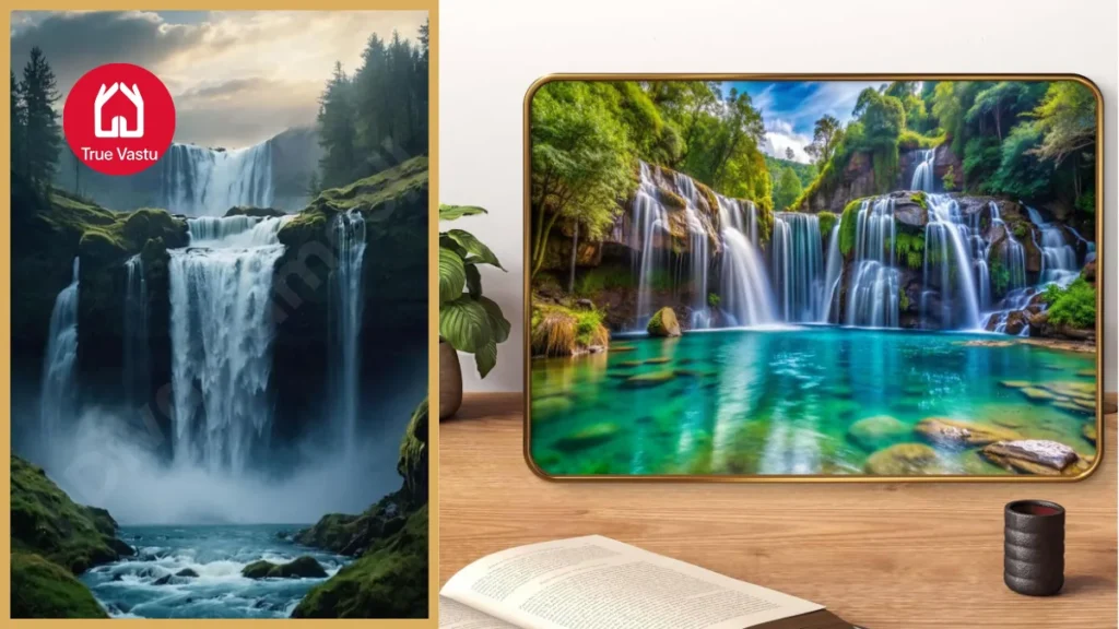 it has two waterfall painting of one half is the vertical painting which is a big waterfall and second is a small framed image kept on the desk to improve space as per vastu shastra