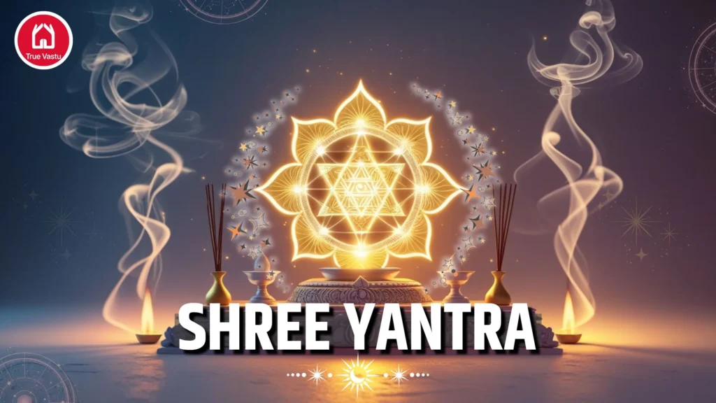 Shree Yantra on altar with golden light and spiritual aura for Vastu benefits