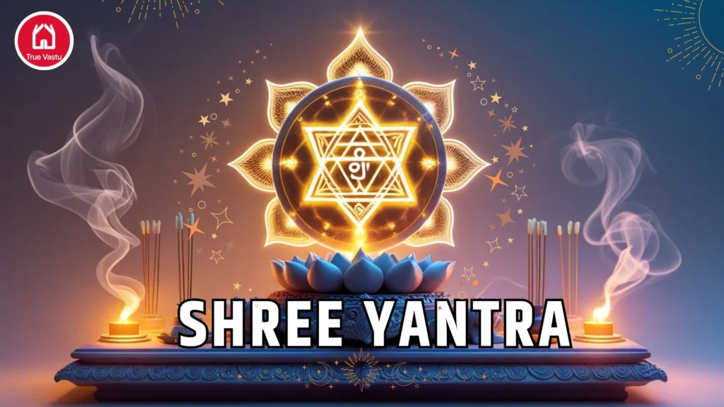 Shree Yantra with diya light on red cloth radiating spiritual energy and Vastu positivity