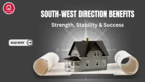 South-West direction Vastu compass image showing benefits like strength, stability, and peace.