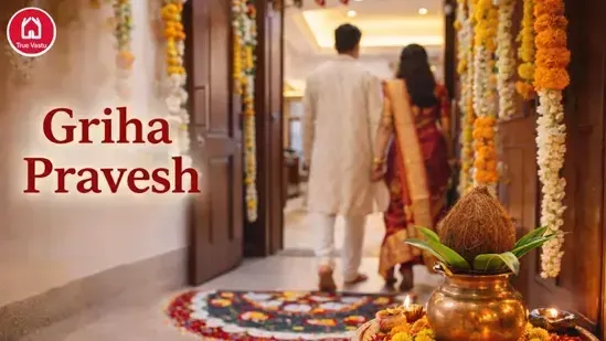 Griha Pravesh ceremony with kalash, rangoli, and couple entering new home