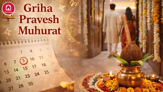 Griha Pravesh Muhurat ceremony with kalash and auspicious timing